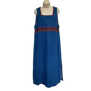 Vintage Erika & Co Denim Dress Velvet Metallic Floral Brocade Trims Sz L